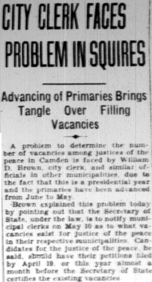 Camden Courier-Post, April 4, 1928 — City Clerk Faces Problem in Squires (page 1)
