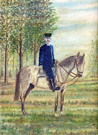Painting by M.E. Williams of Captain William E. Albert on patrol in Dudley Grange, early 1900s