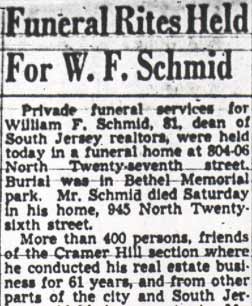 Camden Courier-Post, April 26, 1950 — Funeral Rites Held For W. F. Schmid, column 1