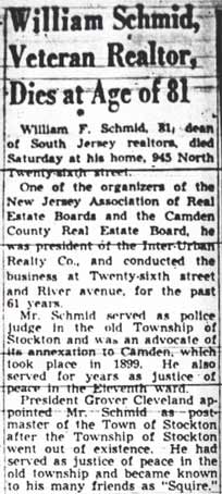 Camden Courier-Post, April 24, 1950 — William Schmid obituary, column 1