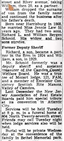 Camden Courier-Post, April 24, 1950 — William Schmid obituary, column 3