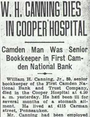Camden Courier-Post clipping, January 21, 1938, obituary for W.H. Canning Jr.