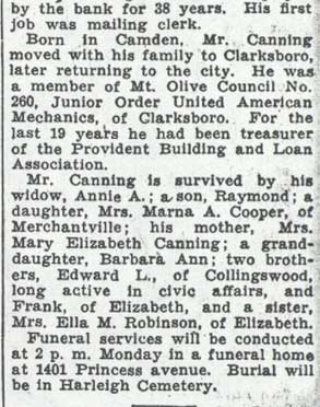 Camden Courier-Post clipping, January 21, 1938, obituary for W.H. Canning Jr., continued