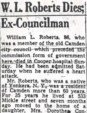 W. L. Roberts Dies; Ex-Councilman — Camden Courier-Post February 20, 1950
