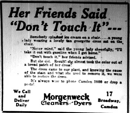 Morgenweck Cleaners Dyers advertisement — Camden Courier-Post, January 9, 1928