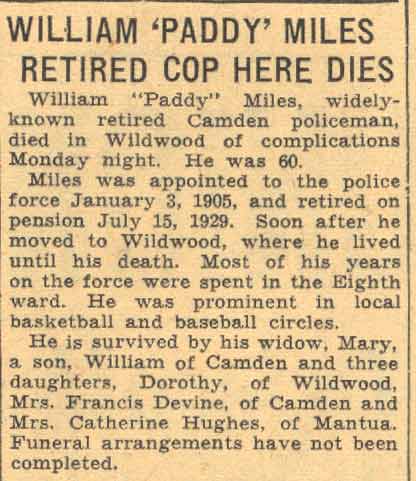 William 'Paddy' Miles Retired Cop Here Dies, Camden Courier-Post, August 14, 1935