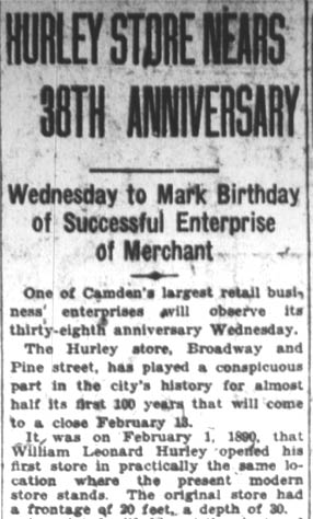 Camden Courier-Post, January 30, 1928 — Hurley Store Nears 38th Anniversary, page 1