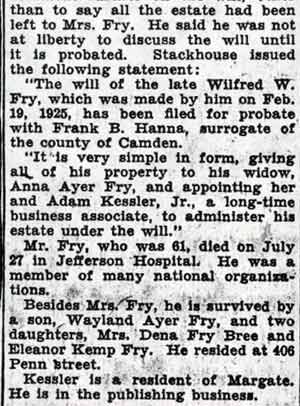 Camden Courier-Post, August 5, 1936 — Fry Will Leaves Estate to Widow, panel 2