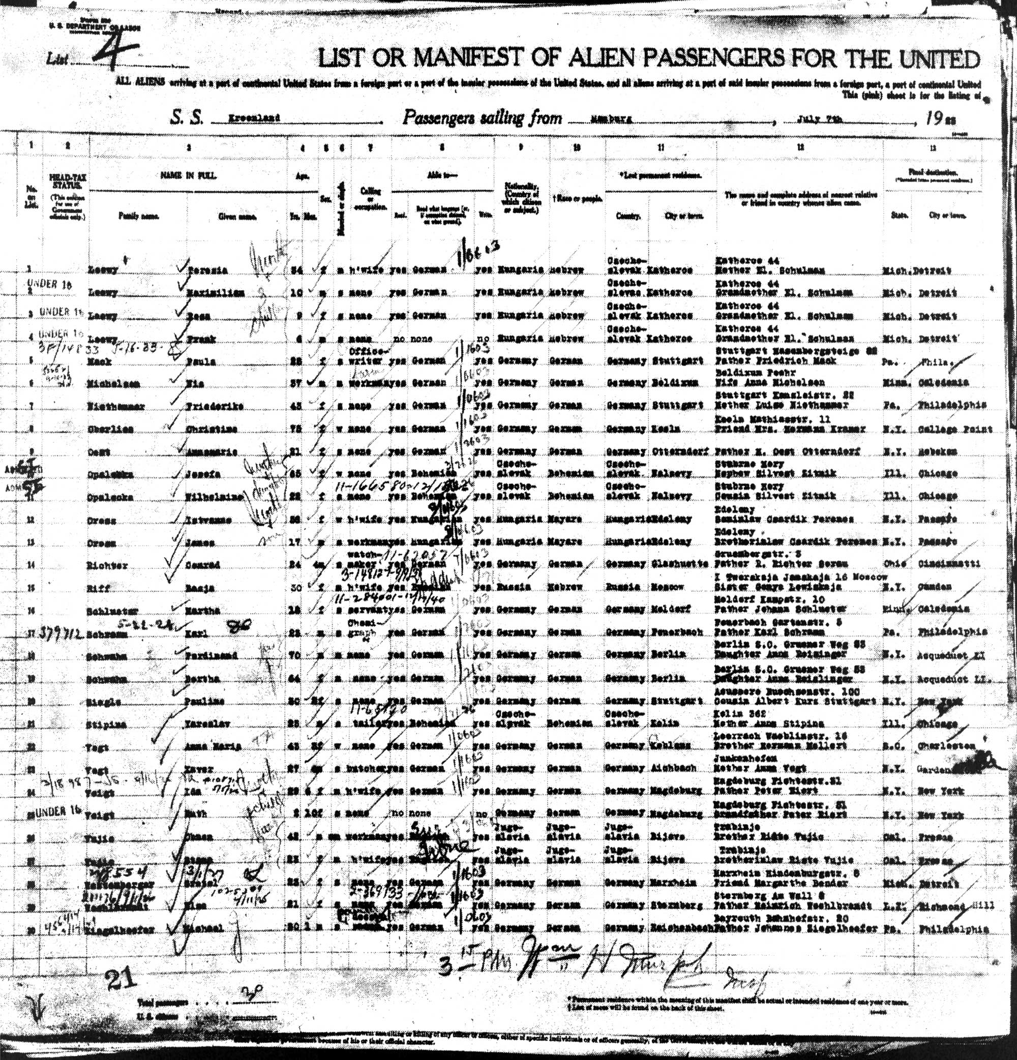 Ships Manifest SS Kroonland, July 18, 1923 — Bessie Riff arriving in America, part 1