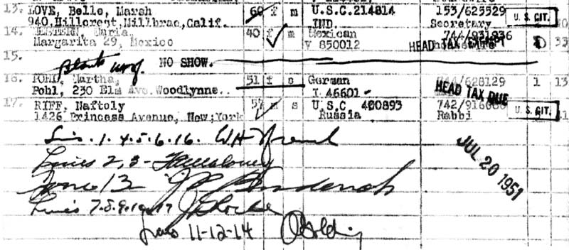 Passenger manifest KLM, July 19, 1951 — detail rows
