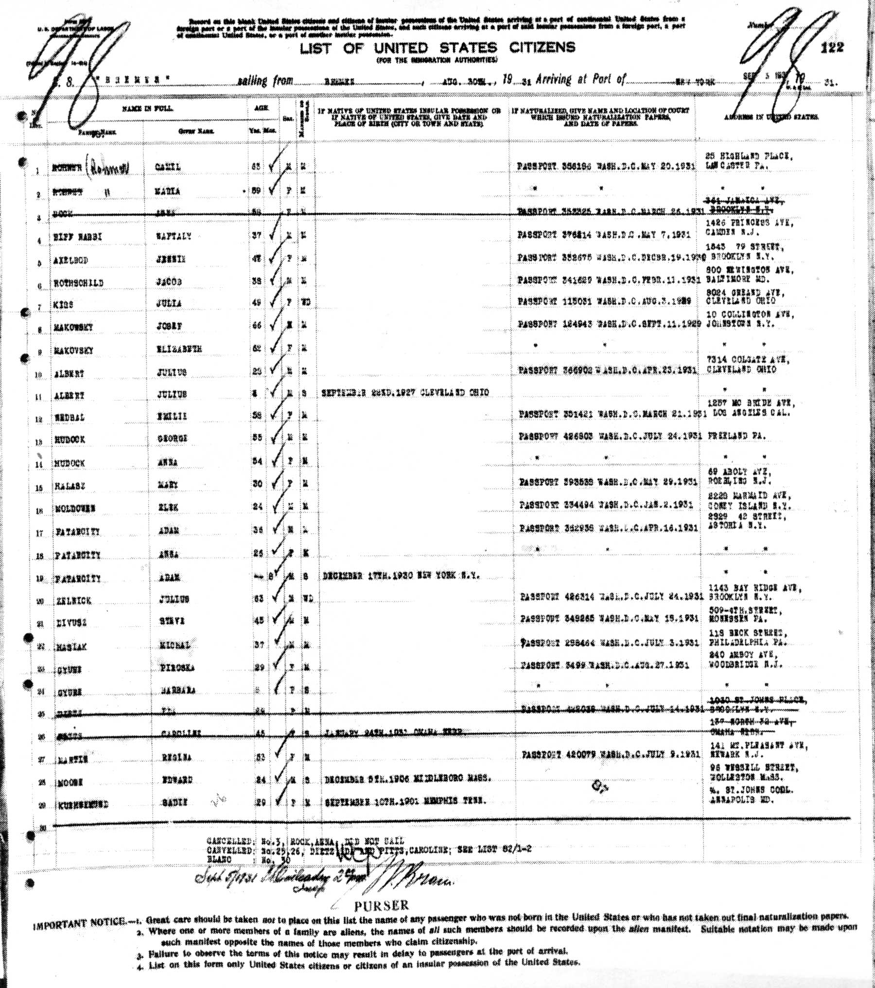 Passenger manifest — Rabbi Riff returning from Europe aboard SS Bremen, August 30, 1931