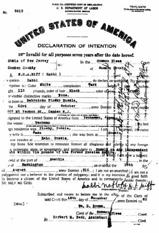 Rabbi Naftoly Riff — Declaration of Intention to become a U.S. citizen, December 13, 1920