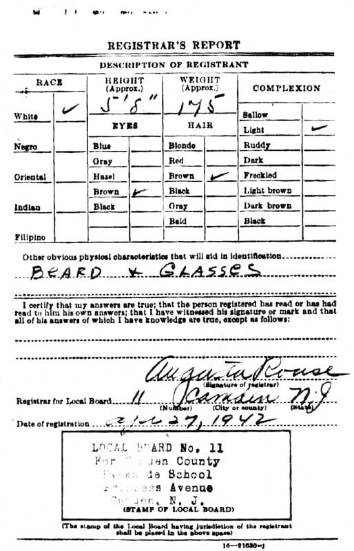 Rabbi Naftoly Riff — World War II Draft Registration Card, reverse