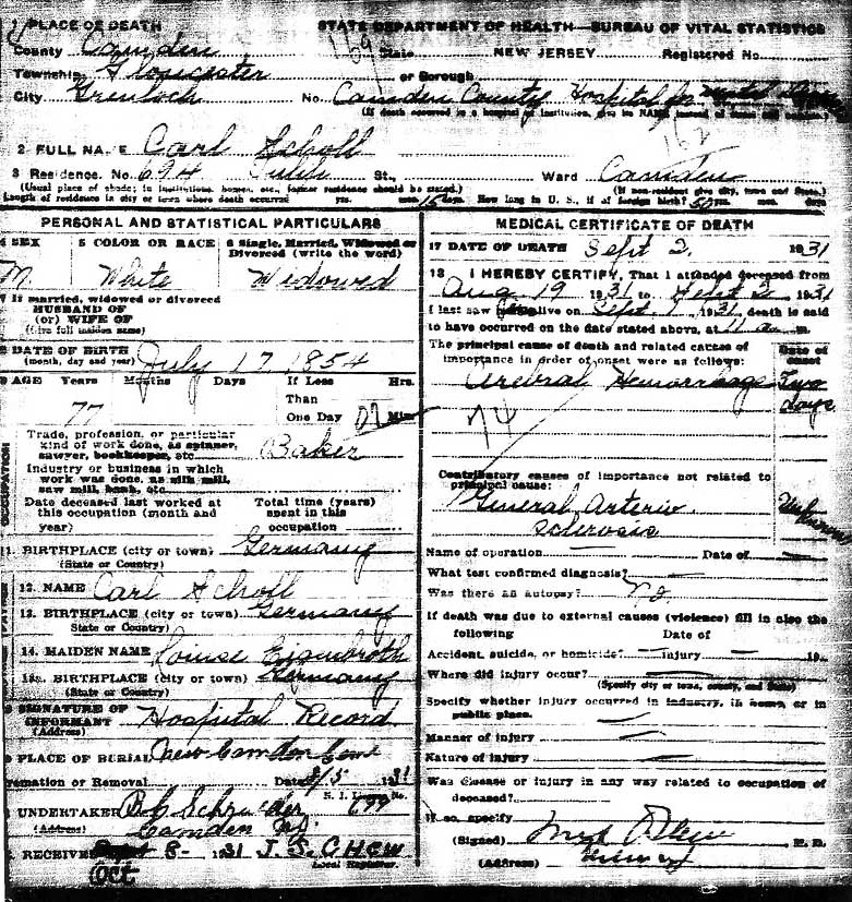 Carl Scholl death certificate, September 2, 1931