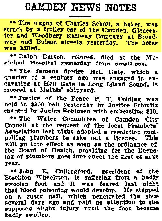 Philadelphia Inquirer, December 9, 1903 — Carl Scholl's wagon struck by trolley