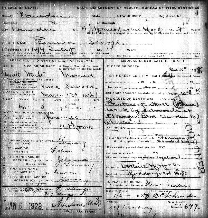 Emma Scholl death certificate, January 6, 1928