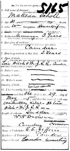 Matilda Scholl death certificate, May 29, 1885