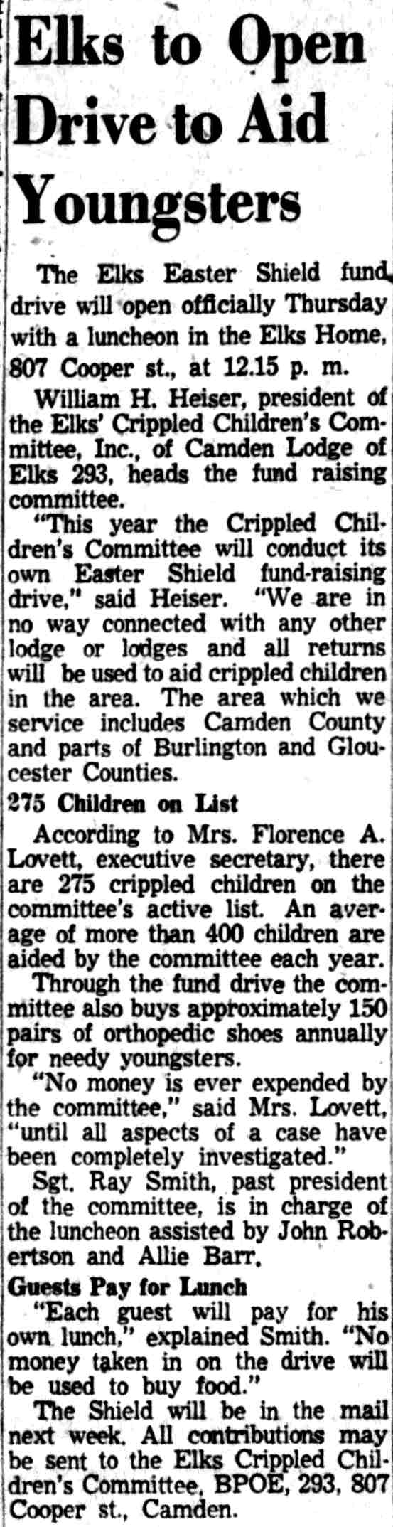 Elks to Open Drive to Aid Youngsters, February 15, 1956