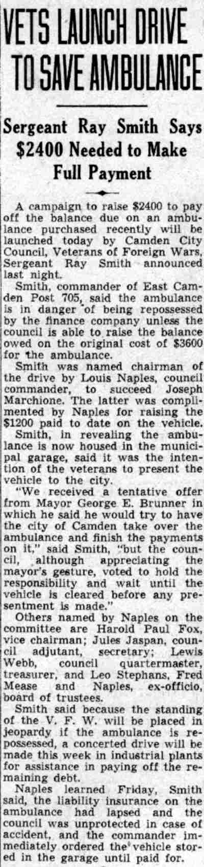 Vets Launch Drive to Save Ambulance, July 28, 1941