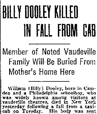 Philadelphia Inquirer article about Billy Dooley killed in fall from cab, September 30, 1921, page 1