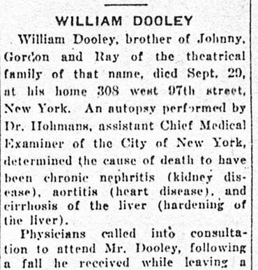 William Dooley obituary, Variety, October 1921, page 1