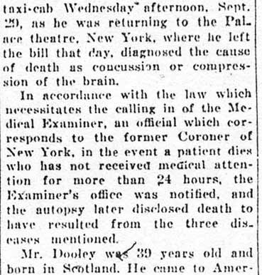 William Dooley obituary, Variety, October 1921, page 2
