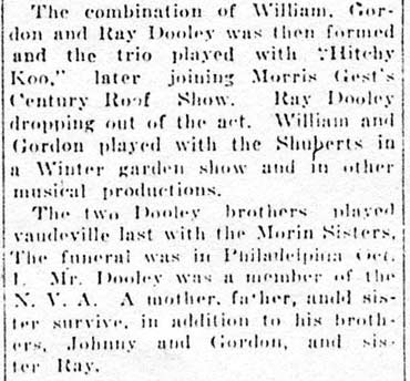 William Dooley obituary, Variety, October 1921, page 4