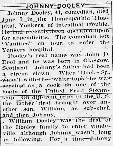 Johnny Dooley obituary, Variety, June 13, 1928, page 1