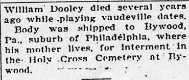 Johnny Dooley obituary, Variety, June 13, 1928, page 4