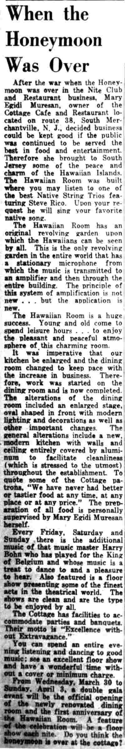 Advertisement: Cottage Cafe Hawaiian Cottage featuring Steve Ricco, Mary Egidi Muresan, and Harry Bohn, Camden Courier-Post, March 21, 1949