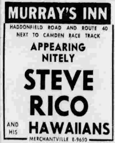 Advertisement: Murray's Inn featuring Steve Ricco, Camden Courier-Post, November 12, 1952