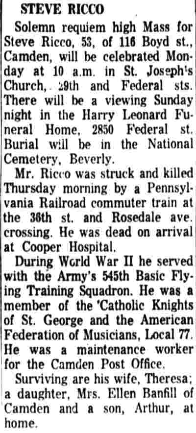 Obituary: Steve Ricco, Camden Courier-Post, December 15, 1962