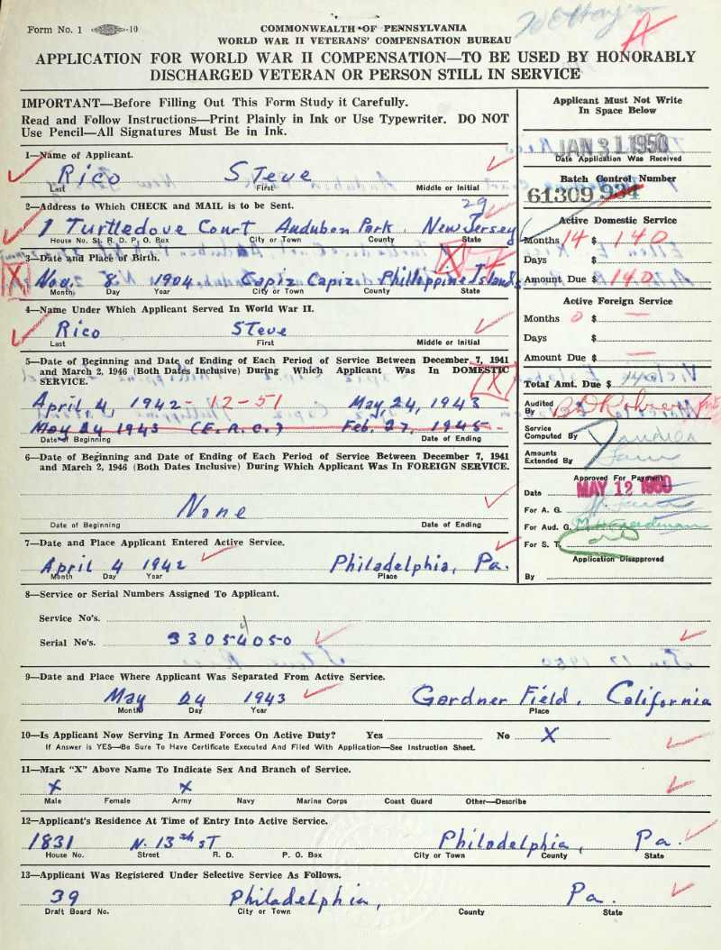 Commonwealth of Pennsylvania World War II Veteran's Compensation Application for Steve Rico, January 1950