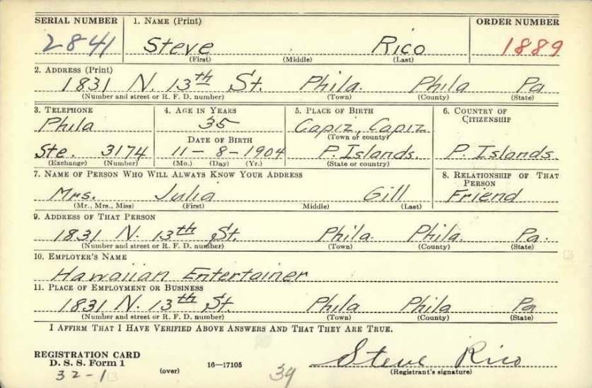 Steve Rico World War II draft card, back, October 16, 1940