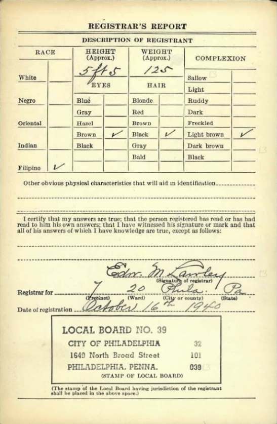 Steve Rico World War II draft card, front, October 16, 1940