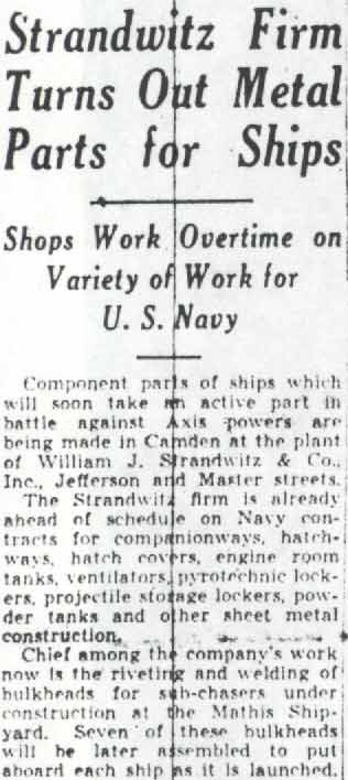 Strandwitz Firm Turns Out Metal Parts for Ships — Camden Courier-Post, January 5, 1942
