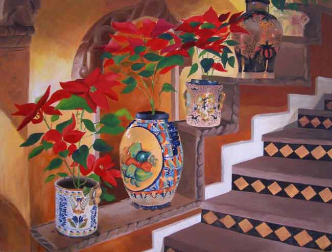 Mexico — Staircase With Pottery — painting by Judy Swerlick