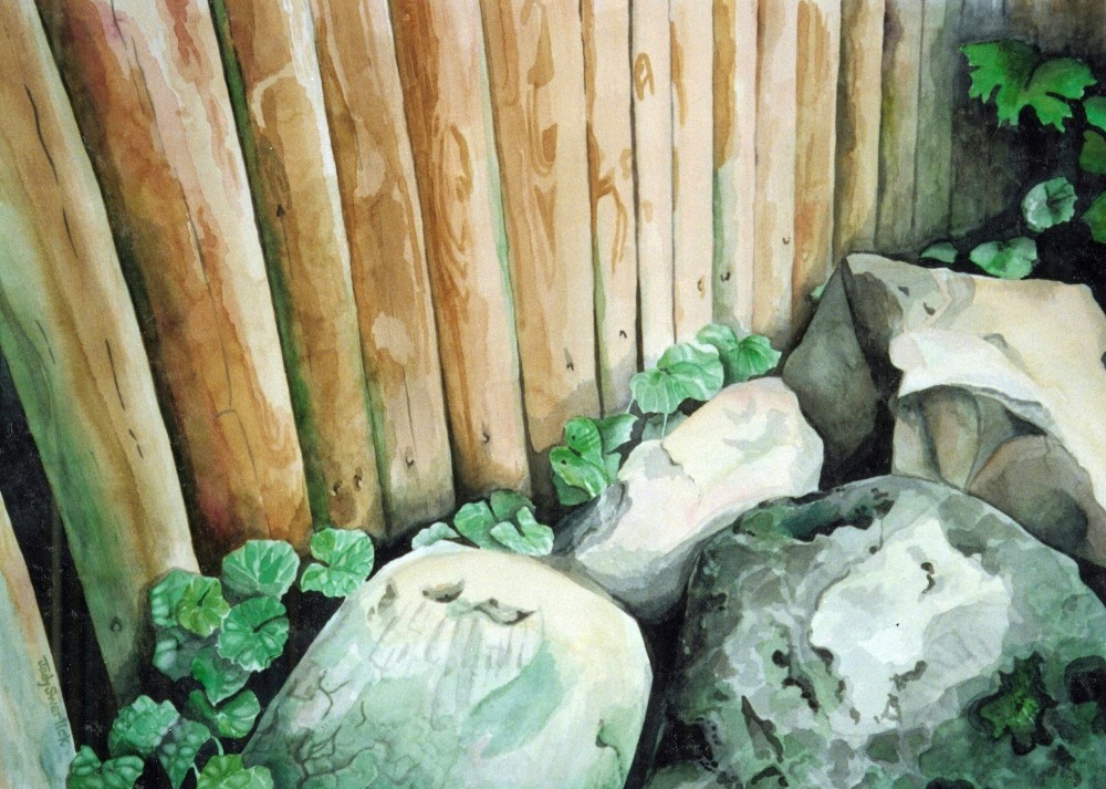 Rocks Along Fence — painting by Judy Swerlick