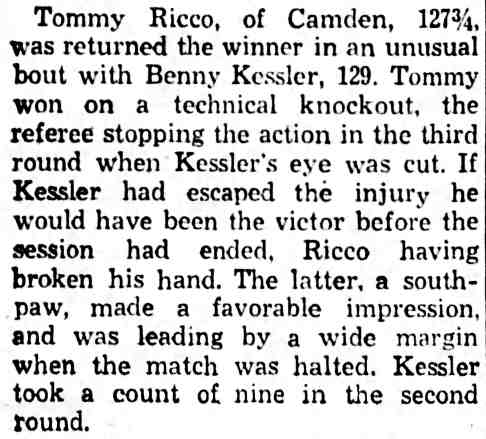 Baltimore Sun, March 24, 1936, Tommy Ricco of Camden Wins TKO Over Benny Kessler