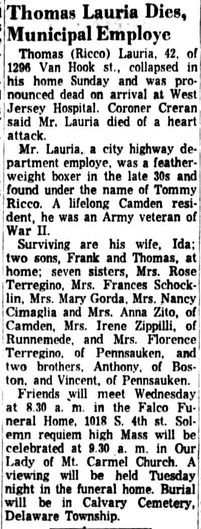 Camden Courier-Post, March 28, 1960, Thomas Lauria Dies, Municipal Employe