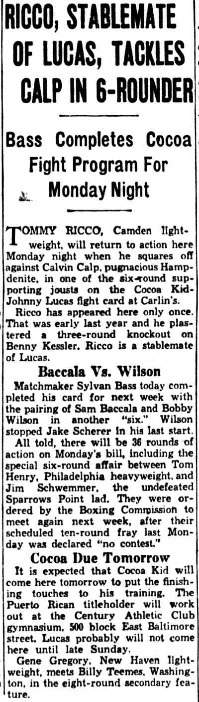 Baltimore Sun, May 25, 1937, Ricco, Stablemate of Lucas, Tackles Calp in 6-Rounder