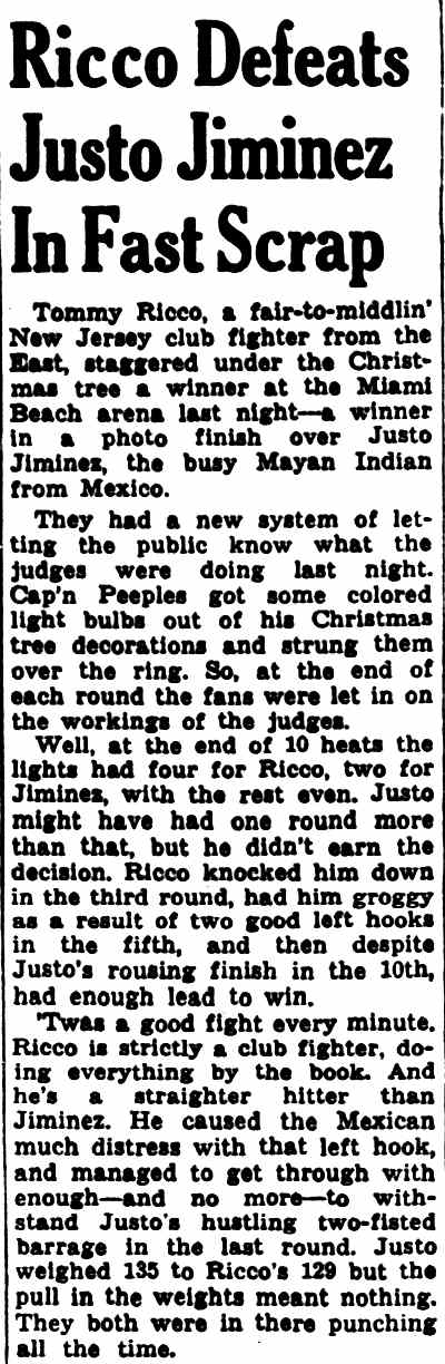 Miami News, August 8, 1939, Ricco Defeats Justo Jiminez In Fast Scrap