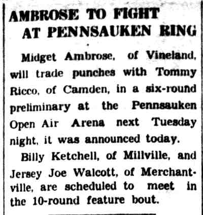 Vineland Daily Journal, August 29, 1936, Ambrose to Fight at Pennsauken Ring