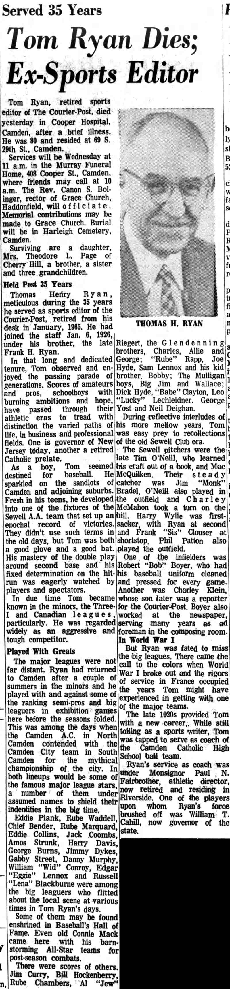 Obituary: Tom Ryan Dies; Ex-Sports Editor, Camden Courier-Post, May 17, 1971