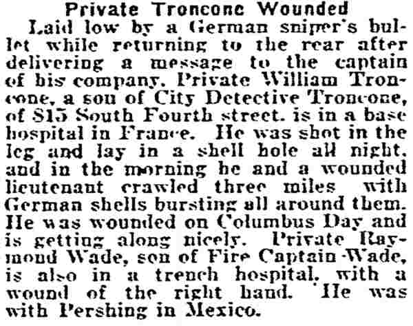 Philadelphia Inquirer, November 6, 1918 — Troncone clipping