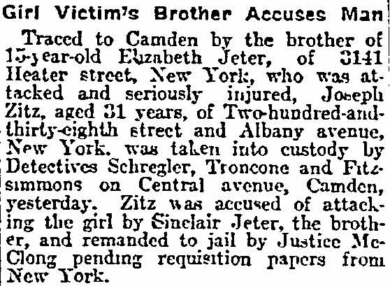 Philadelphia Inquirer, November 18, 1913 — Girl Victim's Brother Accuses Man