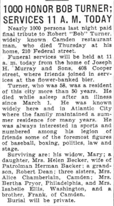 1000 Honor Bob Turner; Services 11 A. M. Today — Camden Courier-Post, June 6, 1932