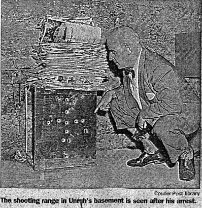The shooting range in Unruh's basement is seen after his arrest. Camden Courier-Post. September 7, 1974