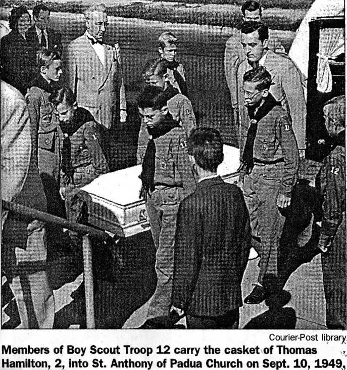 Members of Boy Scout Troop 12 carry the casket of Thomas Hamilton, 2, into St. Anthony of Padua Church on Sept. 10, 1949. Camden Courier-Post - September 7, 1974