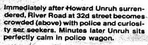 Immediately after Howard Unruh surrendered, River Road at 32d street becomes crowded with police and curiosity seekers. Minutes later Unruh sits perfectly calm in police wagon. Camden Courier-Post - September 7, 1974